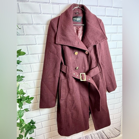 Guess Double-Breasted Belted Wool burgundy-wine  Coat - Women's/size S - Picture 2 of 11